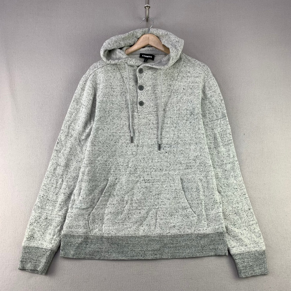 Express Hoodie Mens Medium Grey Henley Cotton Woven Long Sleeve Pullover Preppy